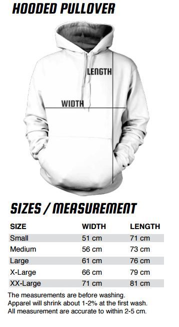 Measurement Charts for basic Hooded Pullovers