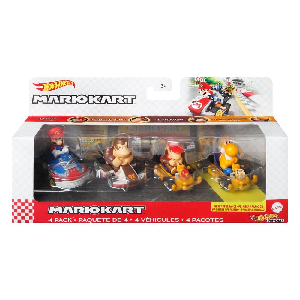 Mario Kart Hot Wheels Kov. Vehicle 4-Pack 1/64 Mario, Donkey Kong, Diddy Kong, Orange Yoshi Mattel Hot Wheels