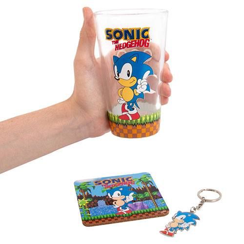 Sonic the Hedgehog Keyring, Glass and Podtácky Set Classic Fizz Creations