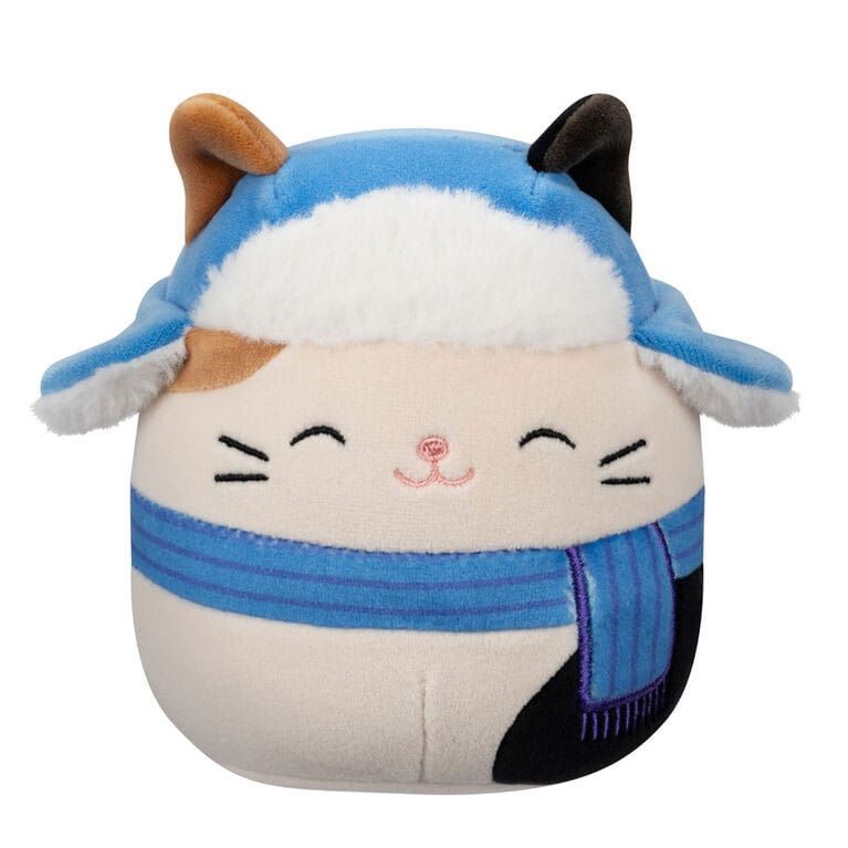 Squishmallows Plyšák Figure Cam the Brown and Black Calico Cat in Blue Šála, Hat 12 cm Jazwares